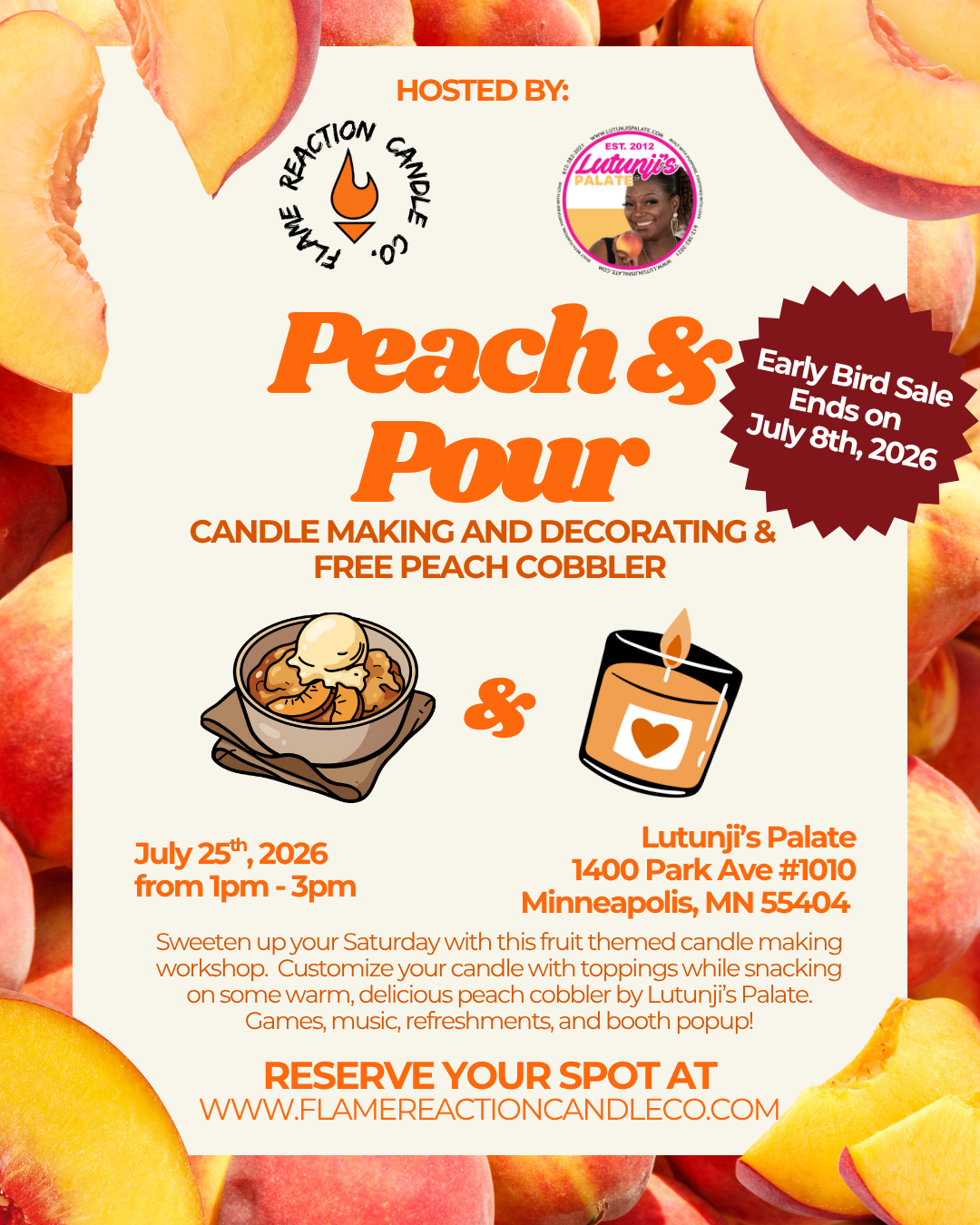 Promotional flyer for Peach & Pour candle making event with peach-themed graphics.